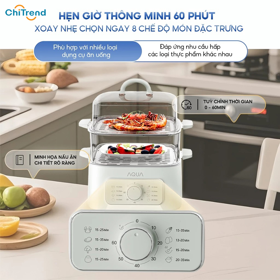 Nồi hấp điện 2 tầng AQUA ASMC-ES902(W) Dung tích 9.3L